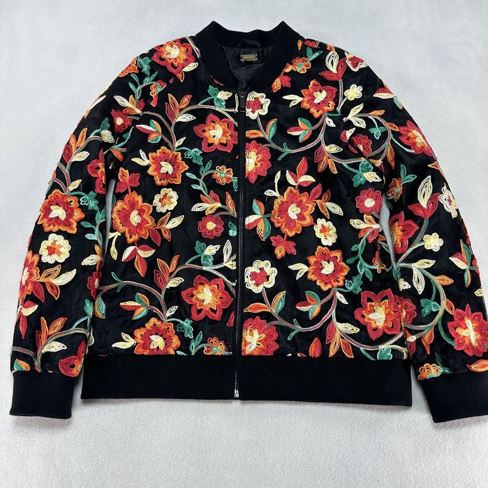 Alexia Admor‎ Jacket Womens Medium Black Embroidered Floral Bomber Zip Lined